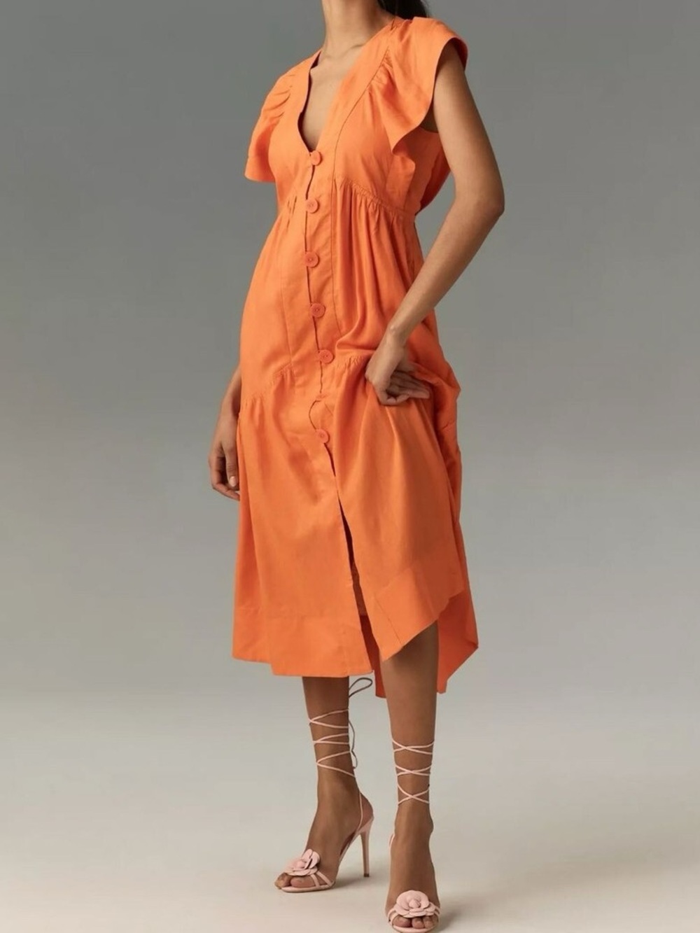 Anthropologie The Reneé Flutter-Sleeve Linen Buttons Midi Dress Orange Small